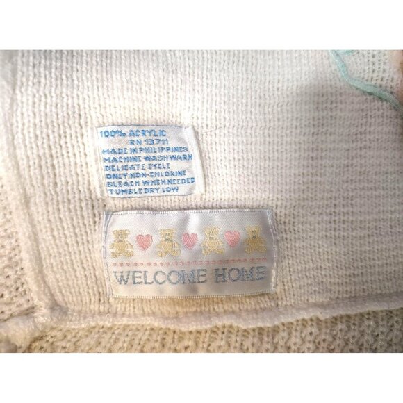 Vintage Welcome Home Knit Baby Blanket, White, Pink Trim, Bunny, Cat Embroidered - Picture 4 of 4